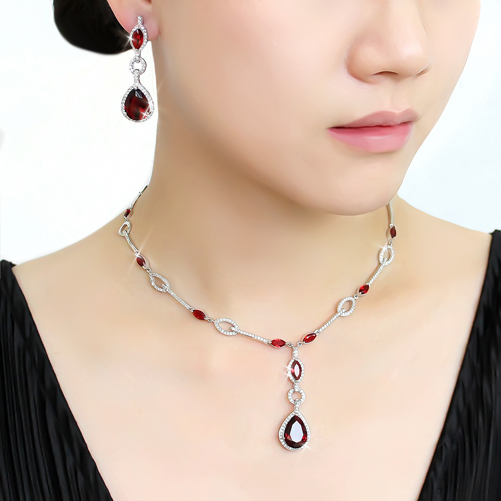 3W1423 - Brass Jewelry Sets Rhodium Women Synthetic Garnet
