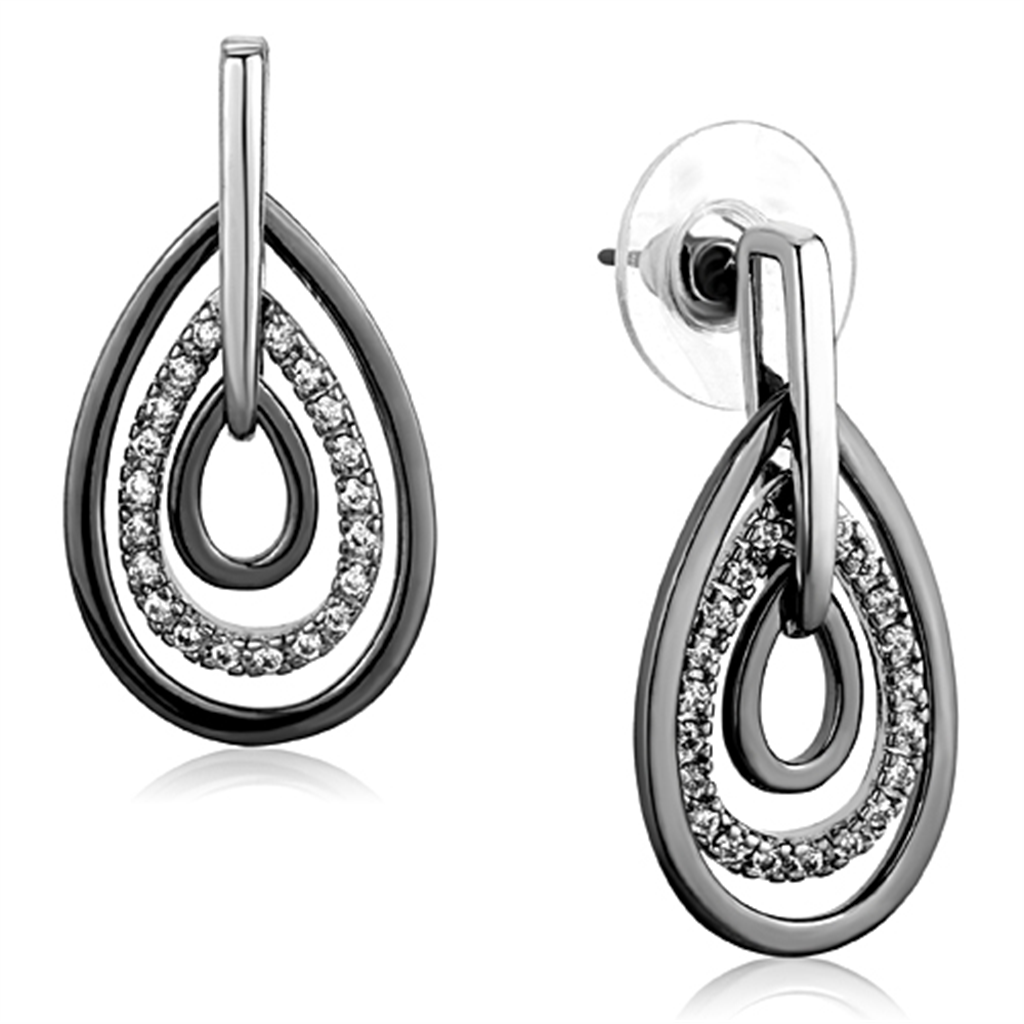 3W616 - Brass Earrings Rhodium + Ruthenium Women AAA Grade CZ Clear