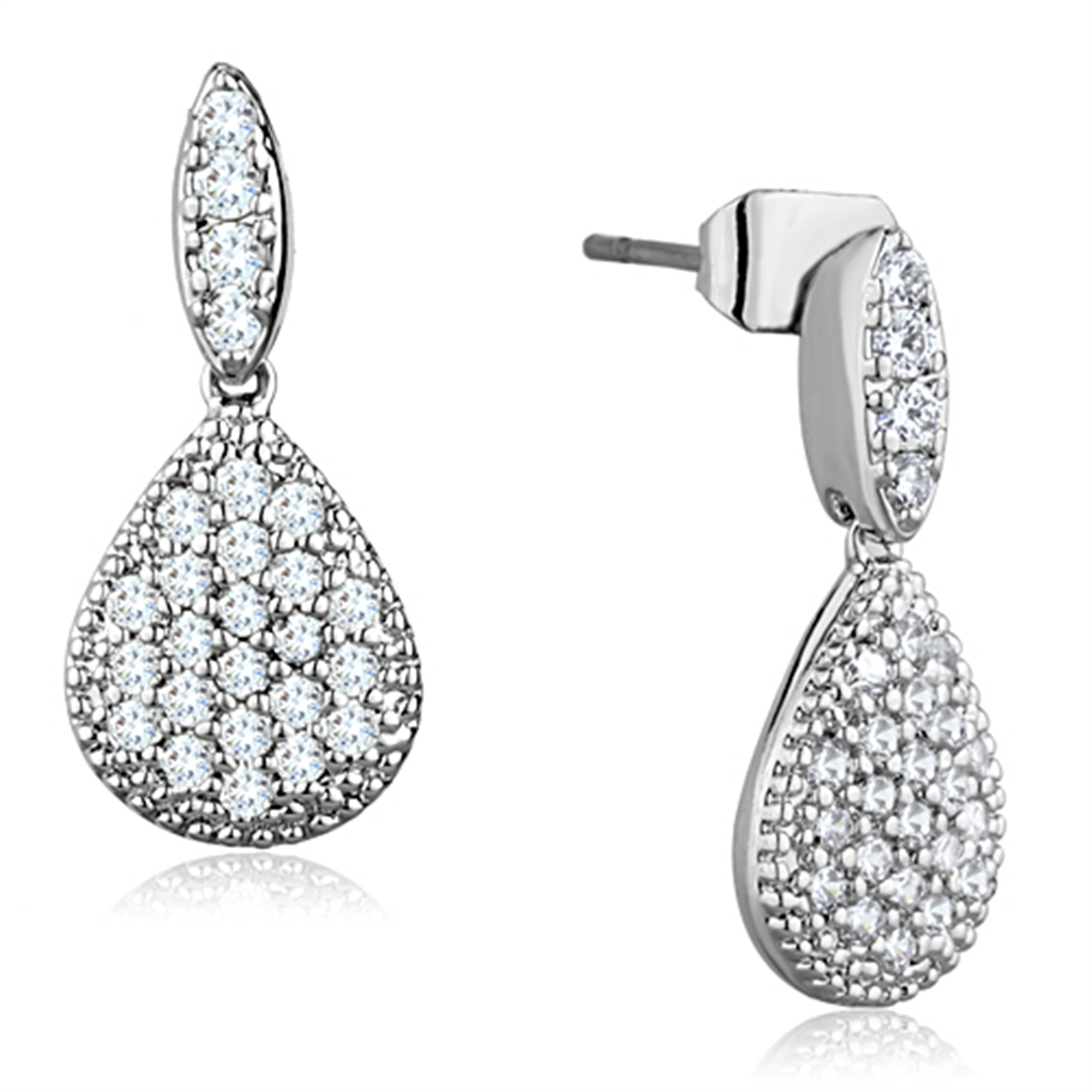 3W696 - Brass Earrings Rhodium Women AAA Grade CZ Clear