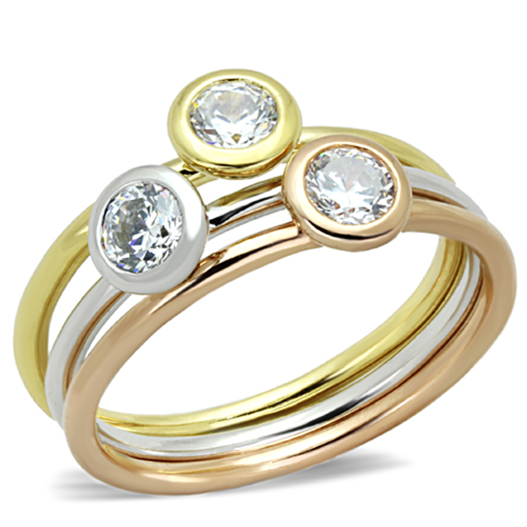 3W804 - Brass Ring Rhodium + Gold + Rose Gold Women AAA Grade CZ Clear