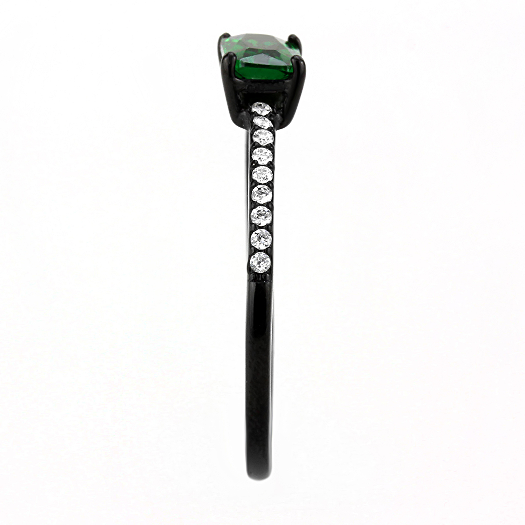 DA010 - Stainless Steel Ring IP Black(Ion Plating) Women AAA Grade CZ Emerald