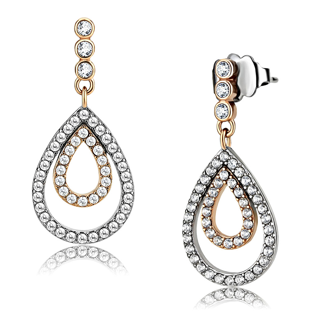 DA227 - Stainless Steel Earrings Two-Tone IP Rose Gold Women AAA Grade CZ Clear