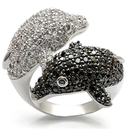 LO1481 - Brass Ring Rhodium + Ruthenium Women AAA Grade CZ Black Diamond