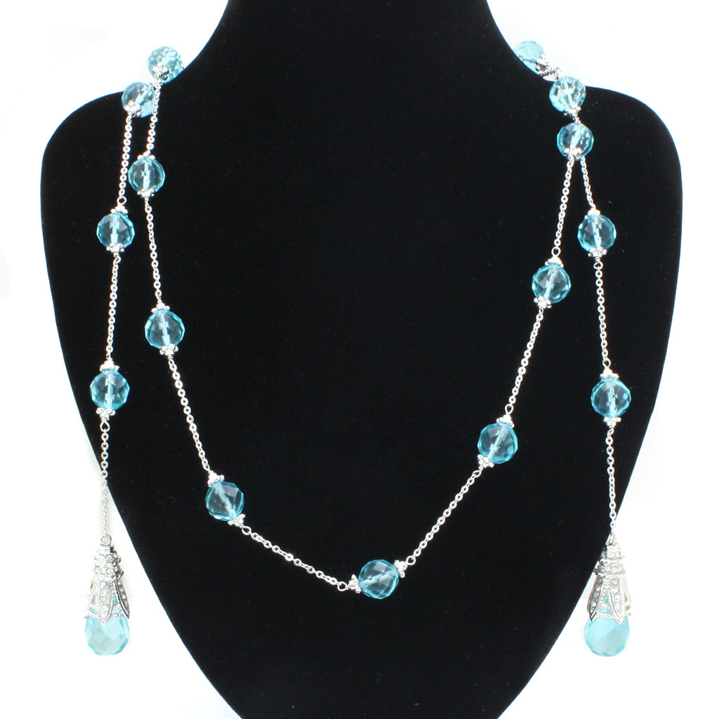 LO1714 - White Metal Necklace Rhodium Women Synthetic Sea Blue