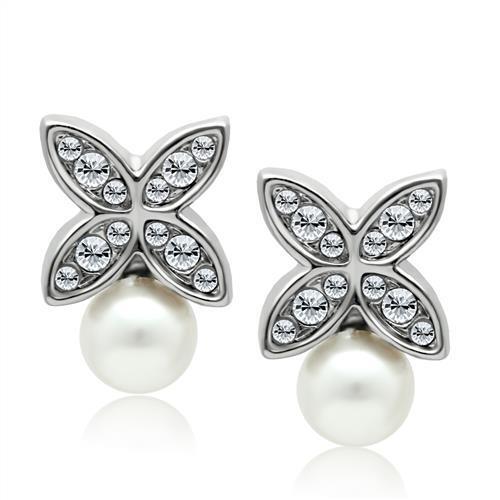 LO1987 - White Metal Earrings Rhodium Women Synthetic White