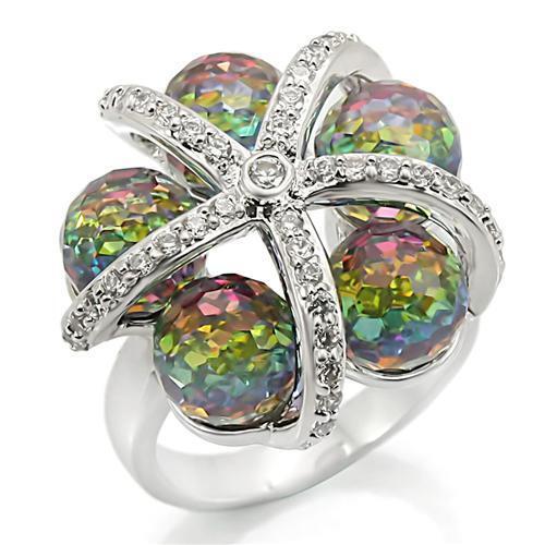 0W299 - Brass Ring Rhodium Women Top Grade Crystal Multi Color