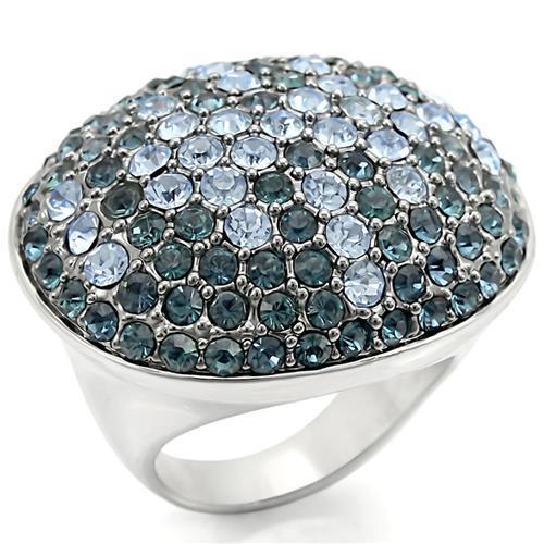 0W347 - Brass Ring Rhodium + Ruthenium Women Top Grade Crystal Light Sapphire