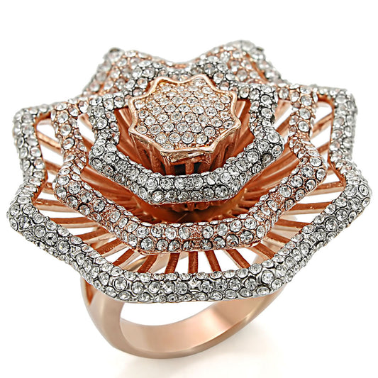 1W023 - Brass Ring Rose Gold + Rhodium Women Top Grade Crystal Clear