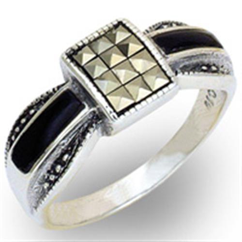 20126 - 925 Sterling Silver Ring Antique Tone Women Semi-Precious Jet