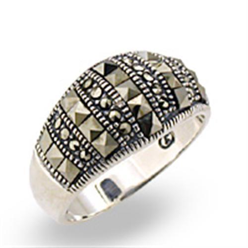 32306 - 925 Sterling Silver Ring Antique Tone Women Semi-Precious Jet