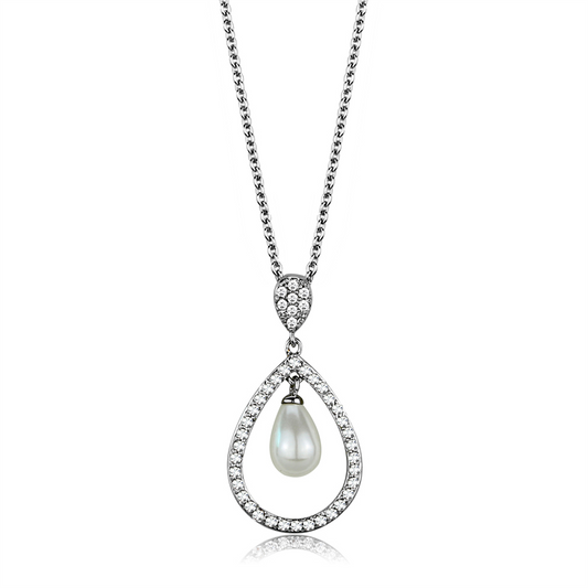 3W1031 - Brass Chain Pendant Rhodium Women Synthetic White