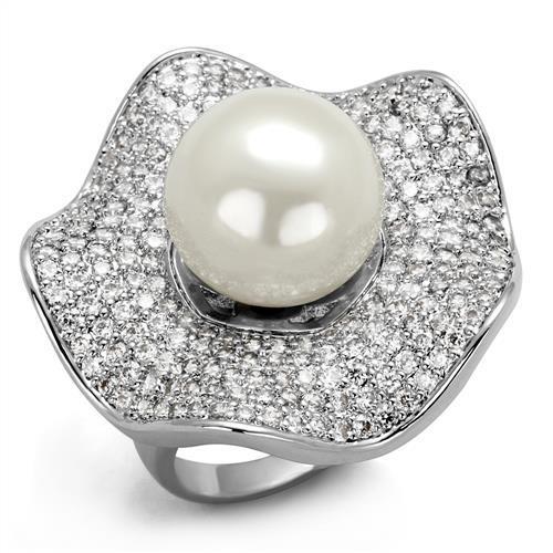 3W1080 - Brass Ring Rhodium Women Synthetic White