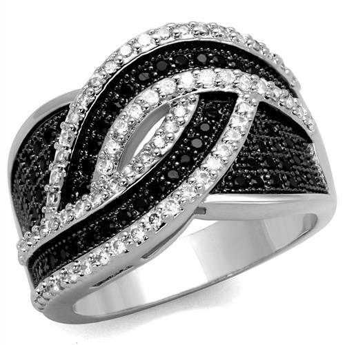 3W1090 - Brass Ring Rhodium + Ruthenium Women AAA Grade CZ Black Diamond