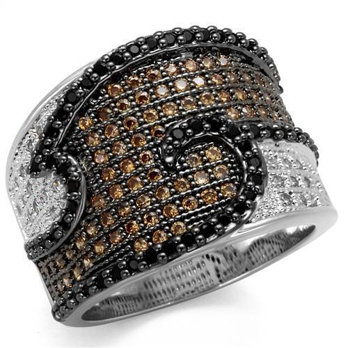 3W1091 - Brass Ring Rhodium + Ruthenium Women AAA Grade CZ Multi Color