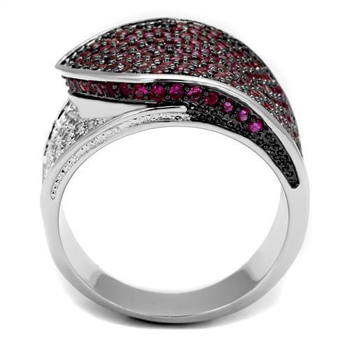 3W1217 - Brass Ring Rhodium + Ruthenium Women AAA Grade CZ Ruby