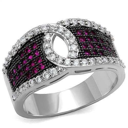 3W1243 - Brass Ring Rhodium + Ruthenium Women AAA Grade CZ Ruby