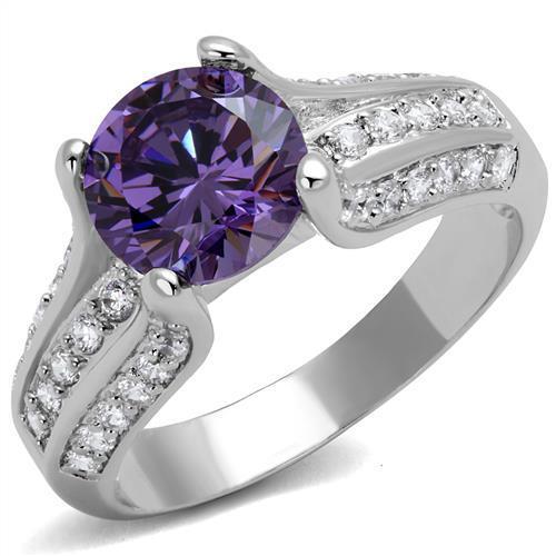 3W1359 - Brass Ring Rhodium Women AAA Grade CZ Amethyst