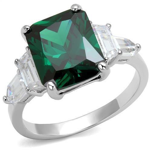 3W1363 - Brass Ring Rhodium Women Synthetic Emerald