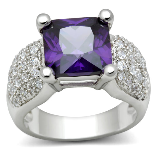 3W148 - Brass Ring Rhodium Women AAA Grade CZ Amethyst