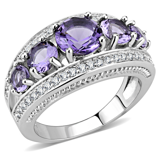 3W1530 - Brass Ring Rhodium Women Synthetic Amethyst