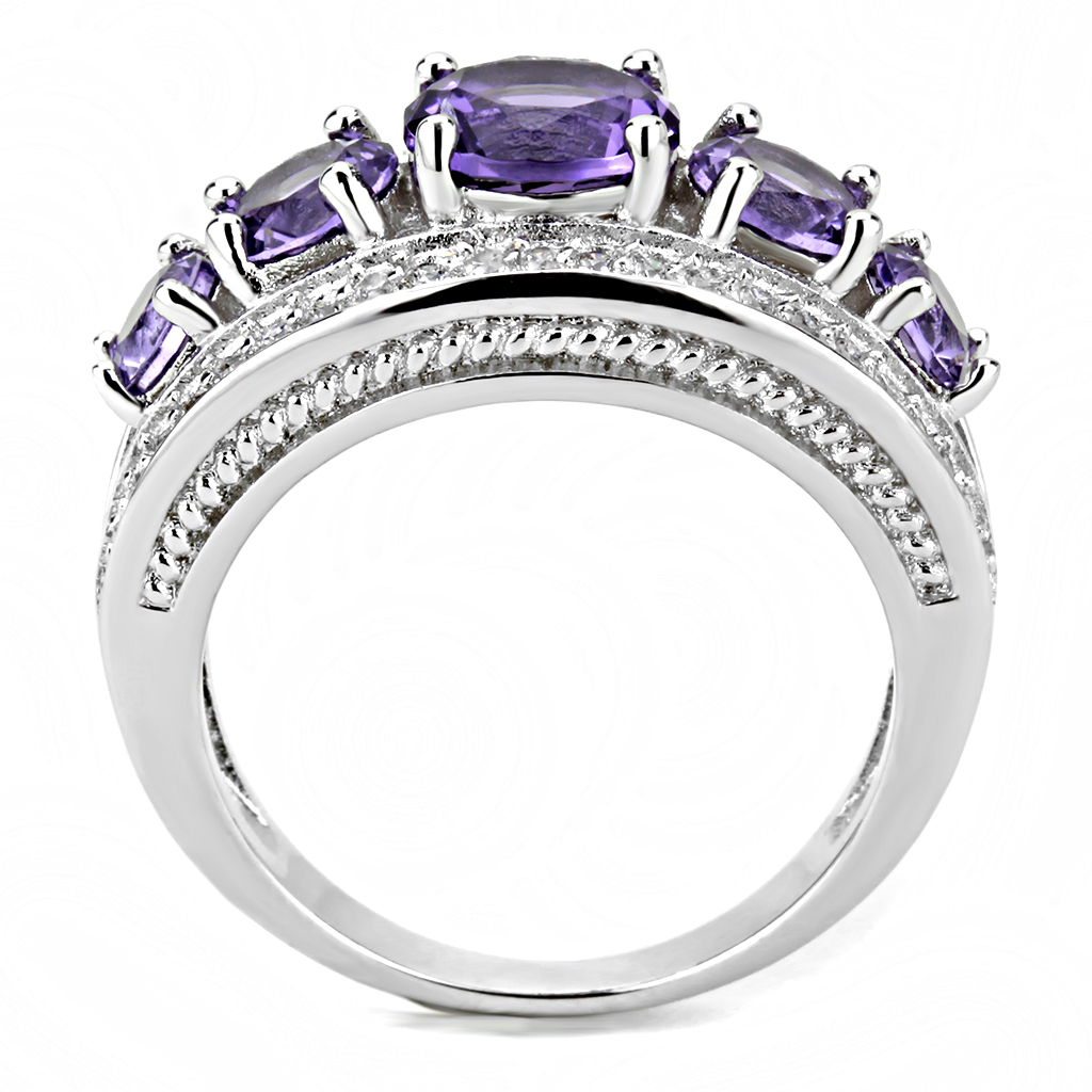 3W1530 - Brass Ring Rhodium Women Synthetic Amethyst