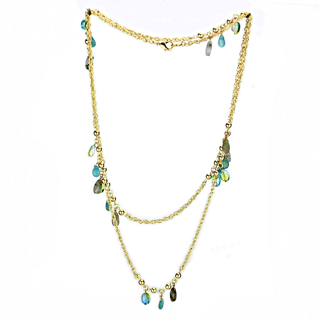 3W1537 - Brass Necklace Gold Women Synthetic Emerald