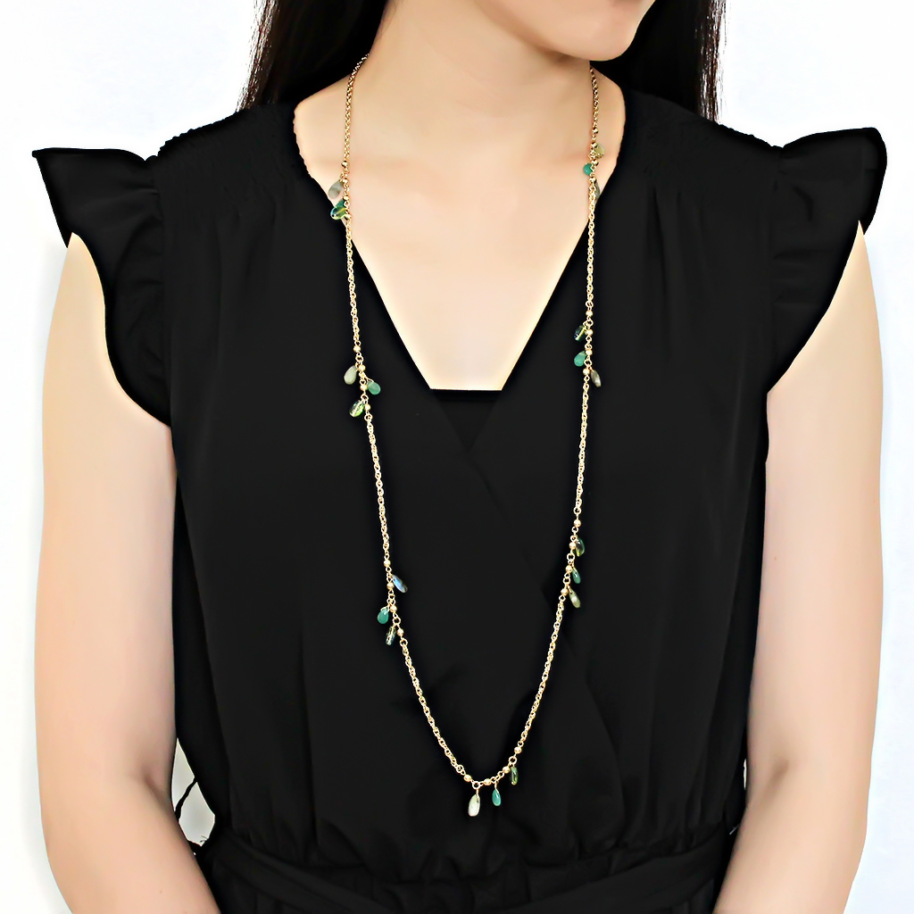 3W1537 - Brass Necklace Gold Women Synthetic Emerald