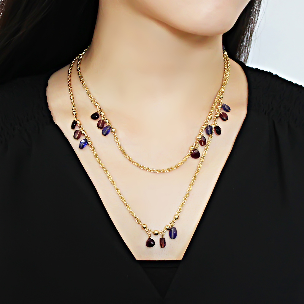 3W1538 - Brass Necklace Gold Women Semi-Precious Amethyst