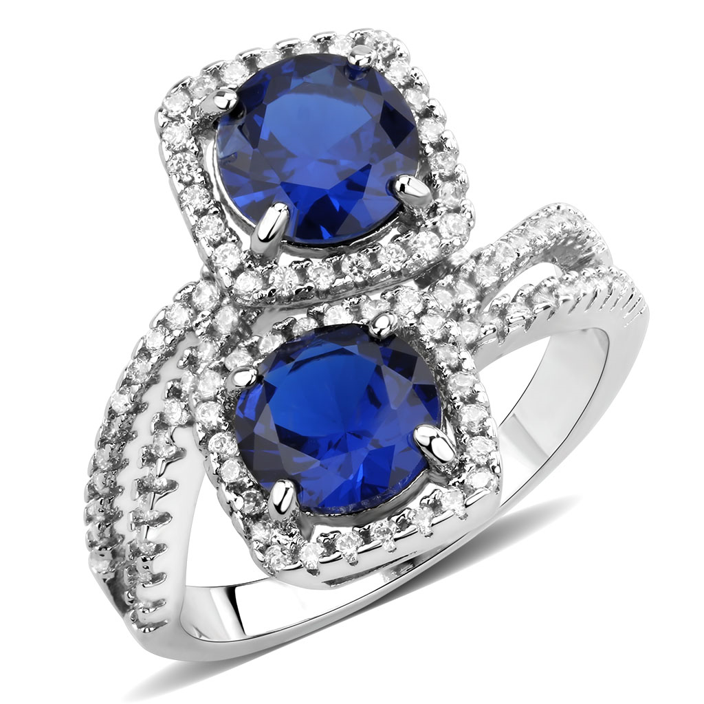 3W1600 - Brass Ring Rhodium Women AAA Grade CZ London Blue