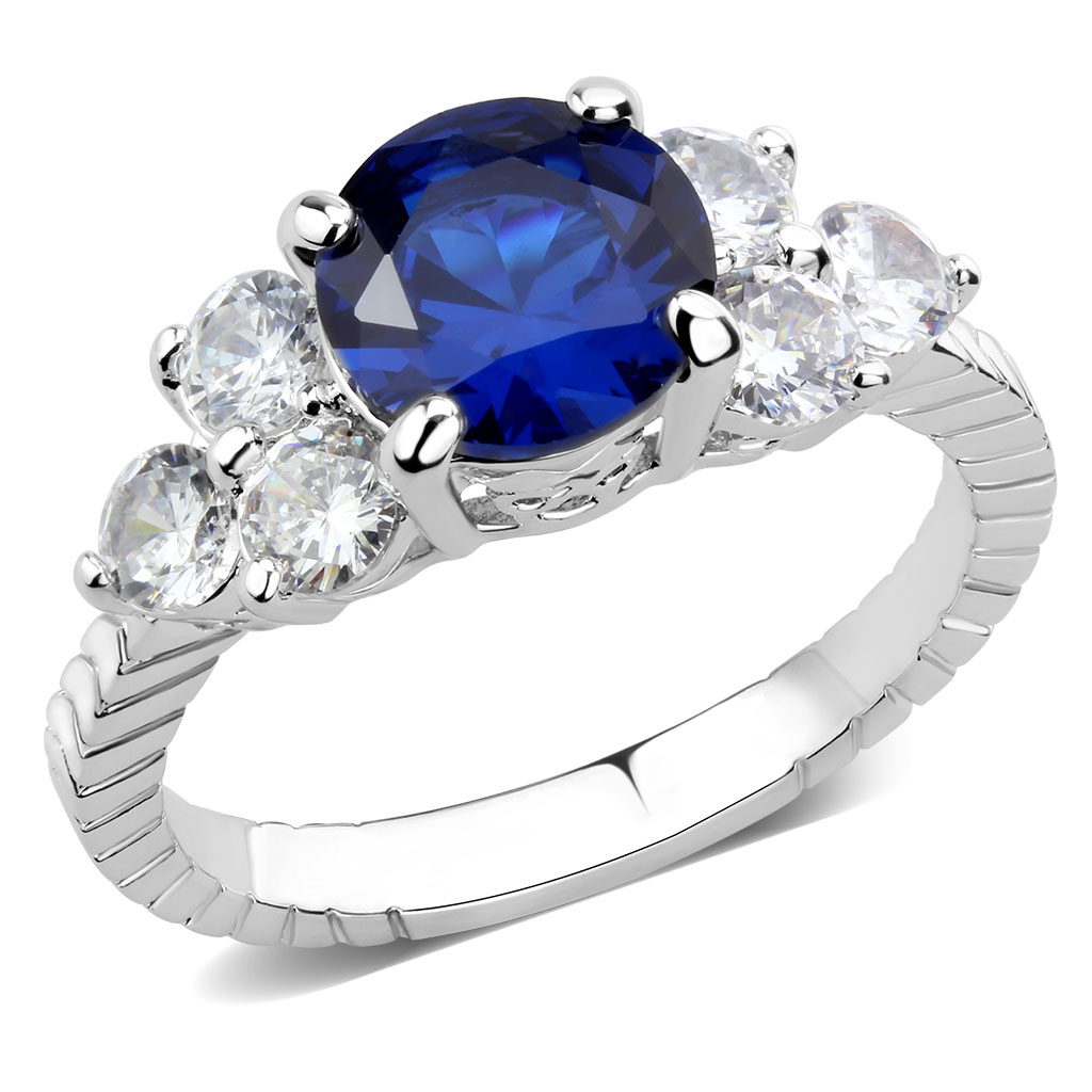 3W1601 - Brass Ring Rhodium Women AAA Grade CZ London Blue