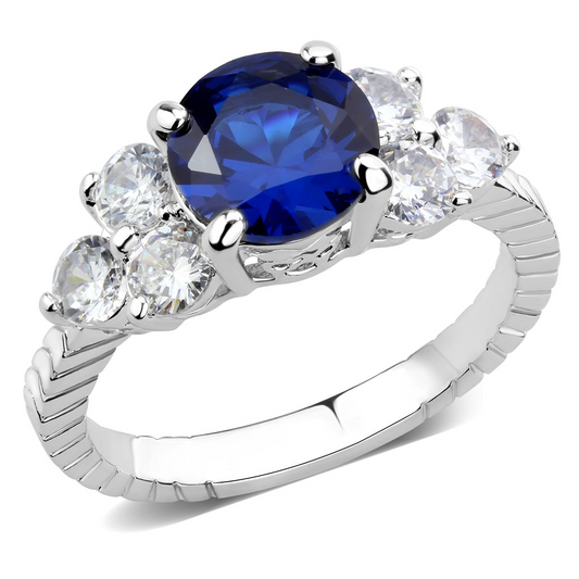 3W1601 - Brass Ring Rhodium Women AAA Grade CZ London Blue