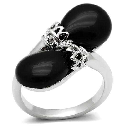 3W195 - Brass Ring Rhodium Women Semi-Precious Jet