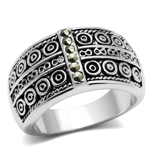 3W239 - Brass Ring Rhodium Women Semi-Precious Black Diamond