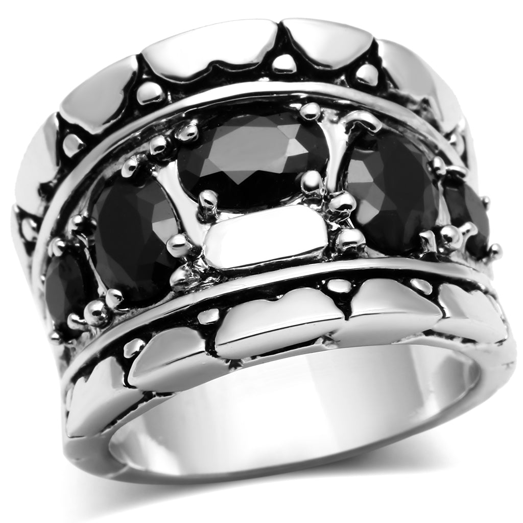 3W262 - Brass Ring Rhodium Women AAA Grade CZ Black Diamond