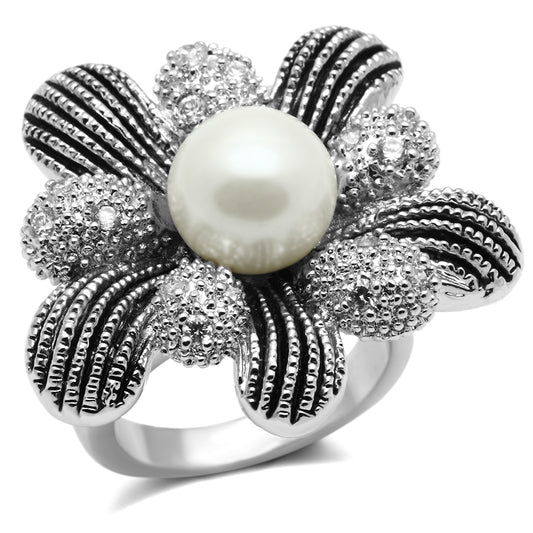 3W294 - Brass Ring Rhodium Women Synthetic White