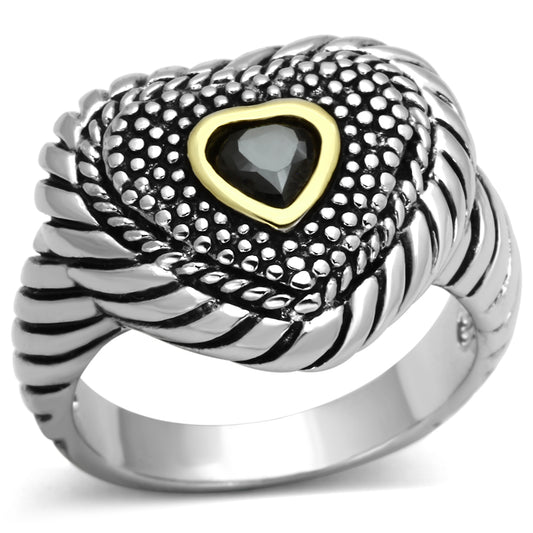 3W334 - Brass Ring Reverse Two-Tone Women AAA Grade CZ Black Diamond