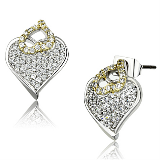 3W356 - Brass Earrings Reverse Two-Tone Women AAA Grade CZ Clear