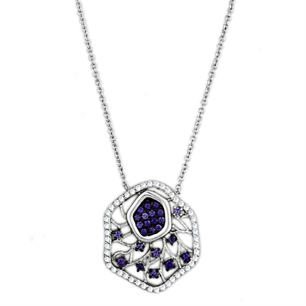 3W438 - Brass Necklace Rhodium + Ruthenium Women AAA Grade CZ Amethyst