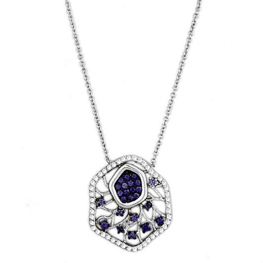 3W438 - Brass Necklace Rhodium + Ruthenium Women AAA Grade CZ Amethyst