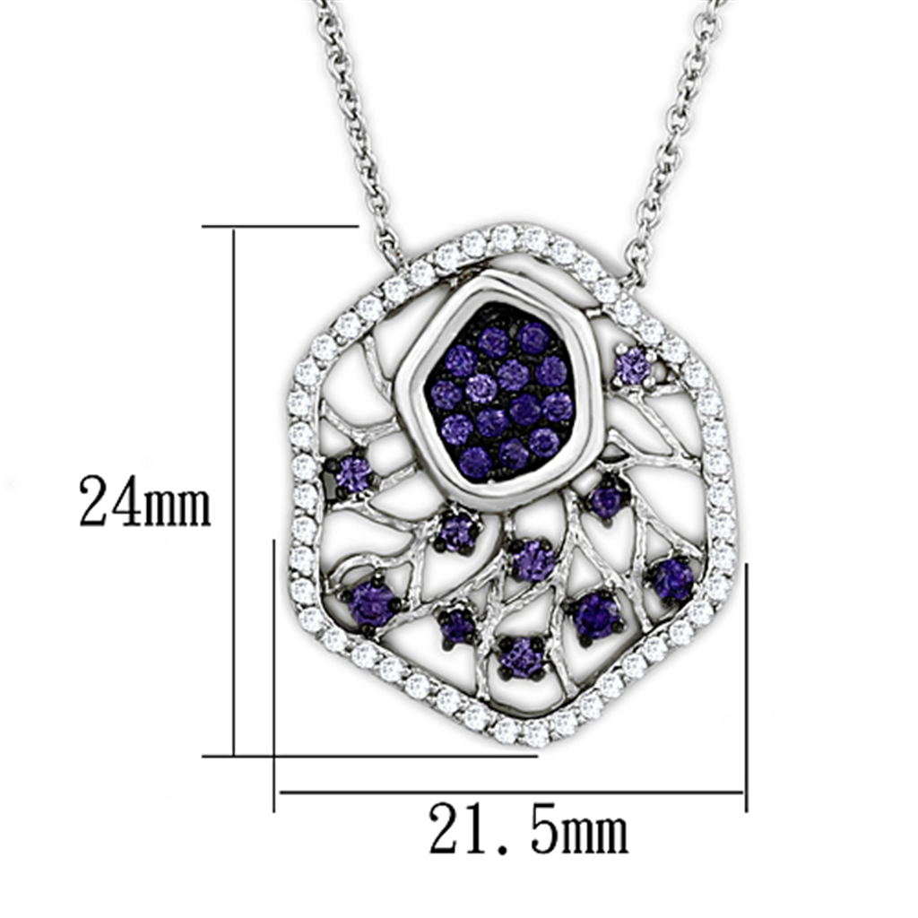 3W438 - Brass Necklace Rhodium + Ruthenium Women AAA Grade CZ Amethyst