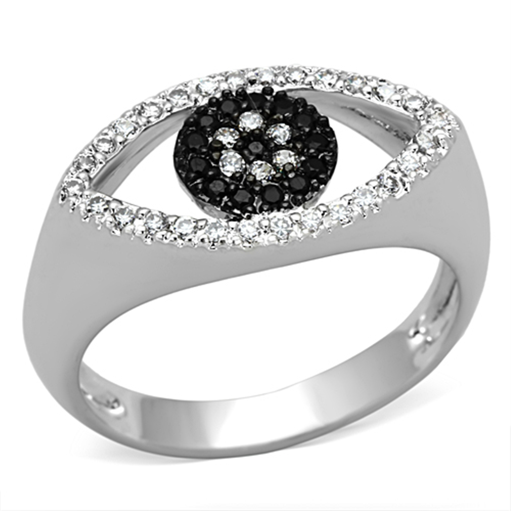 3W470 - Brass Ring Rhodium + Ruthenium Women AAA Grade CZ Black Diamond