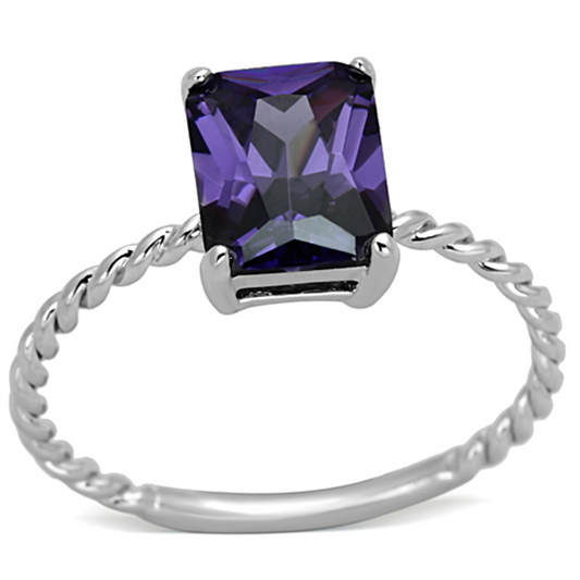 3W498 - Brass Ring Rhodium Women AAA Grade CZ Amethyst