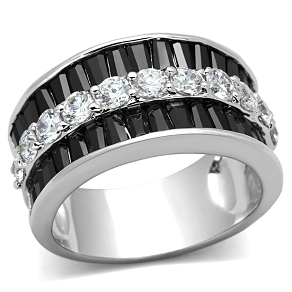 3W513 - Brass Ring Rhodium Women AAA Grade CZ Black Diamond