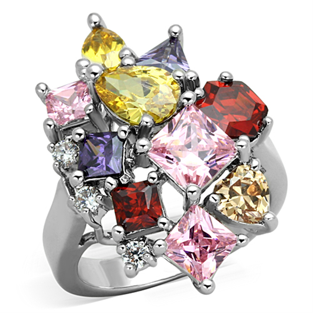 3W599 - Brass Ring Rhodium Women AAA Grade CZ Multi Color