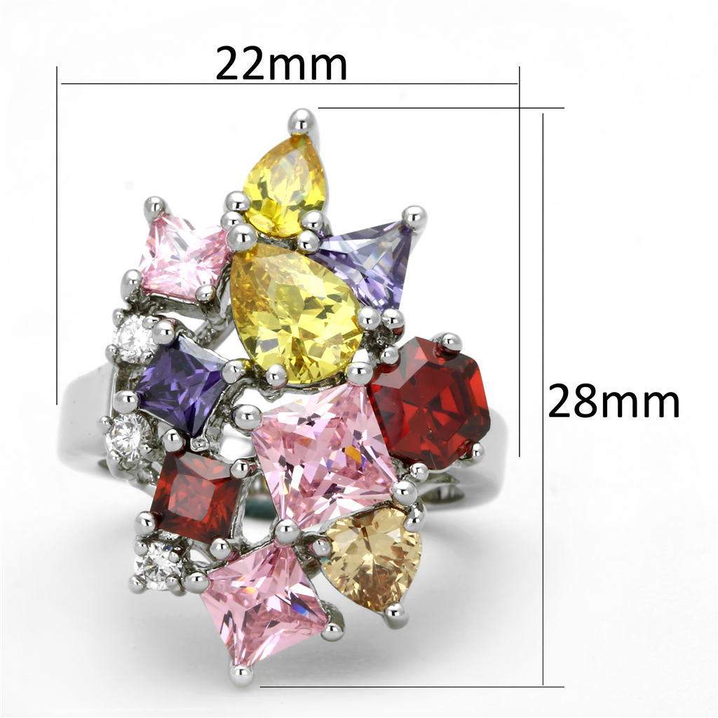 3W599 - Brass Ring Rhodium Women AAA Grade CZ Multi Color