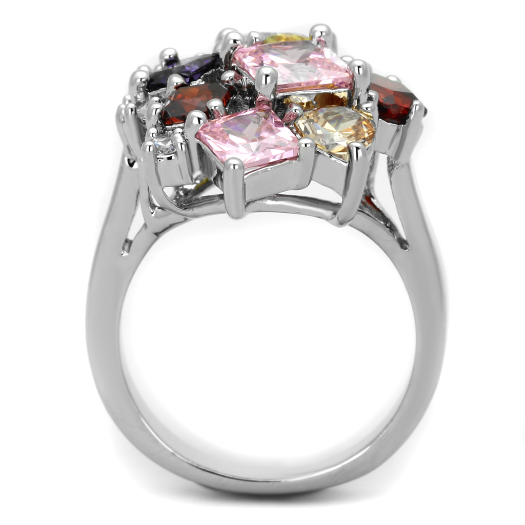 3W599 - Brass Ring Rhodium Women AAA Grade CZ Multi Color