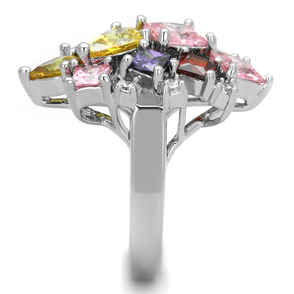 3W599 - Brass Ring Rhodium Women AAA Grade CZ Multi Color