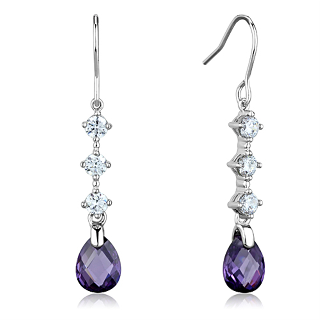 3W635 - Brass Earrings Rhodium Women AAA Grade CZ Amethyst