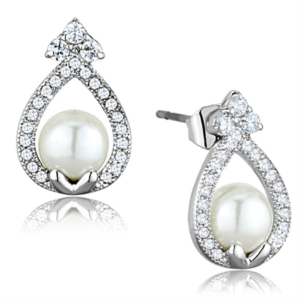 3W665 - Brass Earrings Rhodium Women Synthetic White