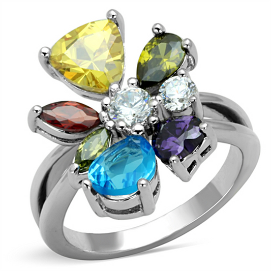 3W789 - Brass Ring Rhodium Women AAA Grade CZ Multi Color